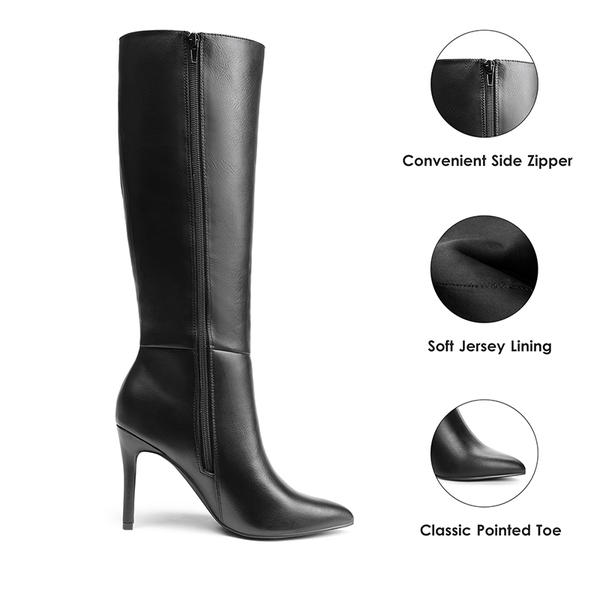 Pointed Toe Stiletto High Heel Knee High Boots - BLACK-PU - 4