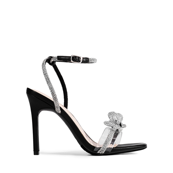 Bowknots Square Toe Rhinestone Heels - BLACK - 3
