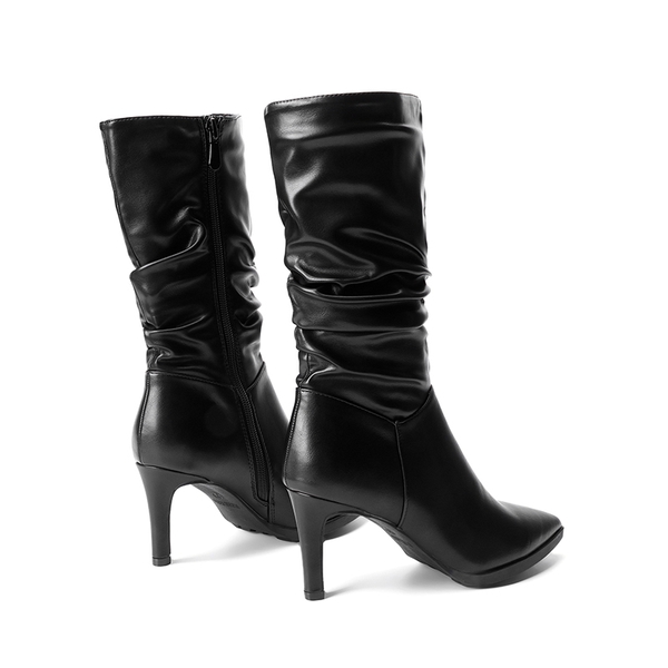 Wrinkle Design Pointed Toe Mid Calf Boots - BLACK - 3