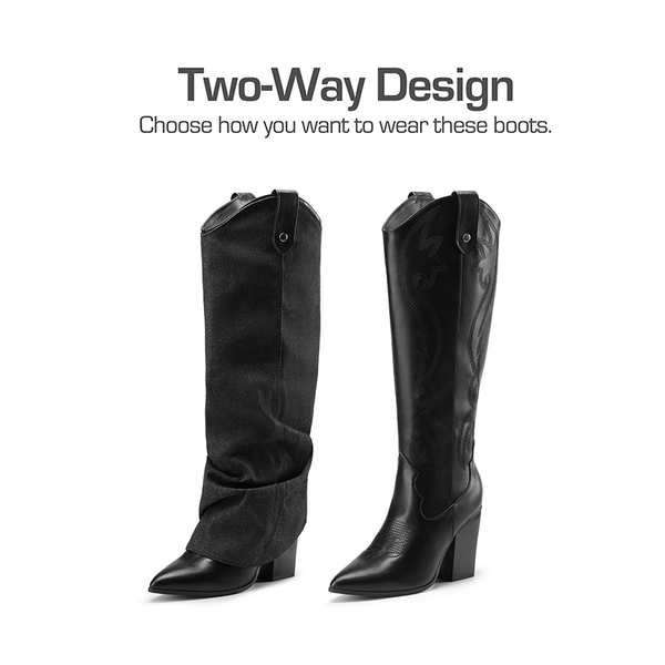 Two-Way Wear Denim Cuff Knee High Boots - DENIM BLACK - 1