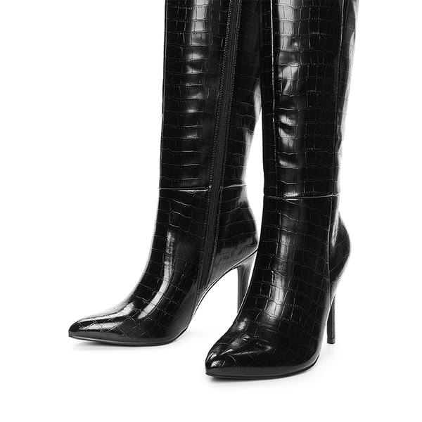 Pointed Toe Stiletto High Heel Knee High Boots - BLACK-STONE - 2