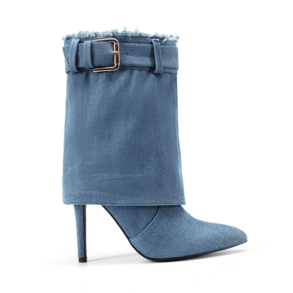 Denim Buckle Strap Stiletto Heel Boots - DENIM BLUE - 1