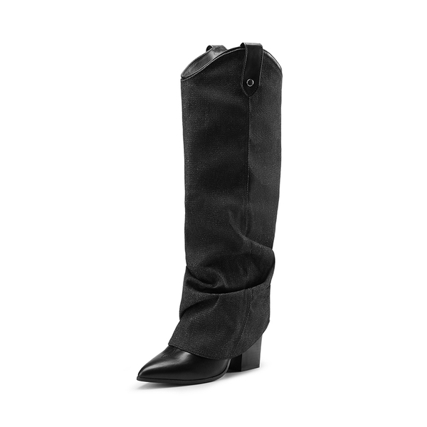 Two-Way Wear Denim Cuff Knee High Boots - DENIM BLACK -  0
