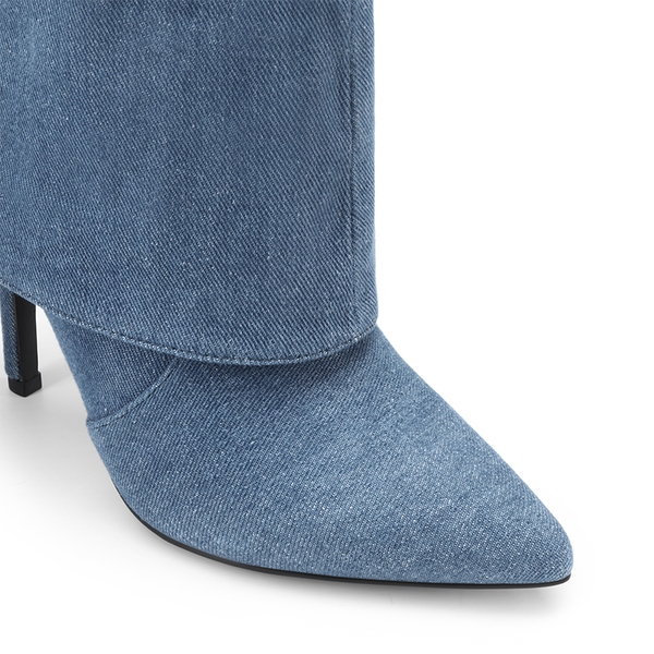 Denim Buckle Strap Stiletto Heel Boots - DENIM BLUE - 4