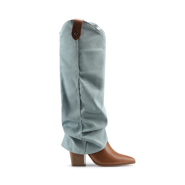 Two-Way Wear Denim Cuff Knee High Boots - DENIM BLUE - 2