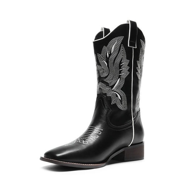 Vintage Square Toe Embroidery Cowgirl Boots - BLACK -  0