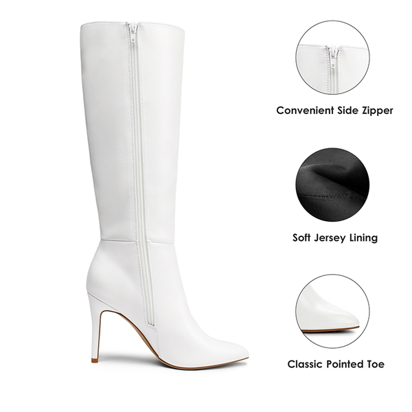 Pointed Toe Stiletto High Heel Knee High Boots - WHITE-PU - 4