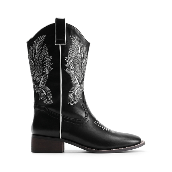 Vintage Square Toe Embroidery Cowgirl Boots - BLACK - 1