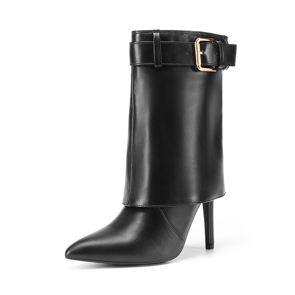 Denim Buckle Strap Stiletto Heel Boots - BLACK -  0