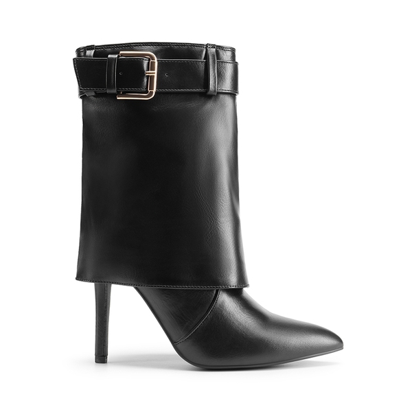 Denim Buckle Strap Stiletto Heel Boots - BLACK - 1