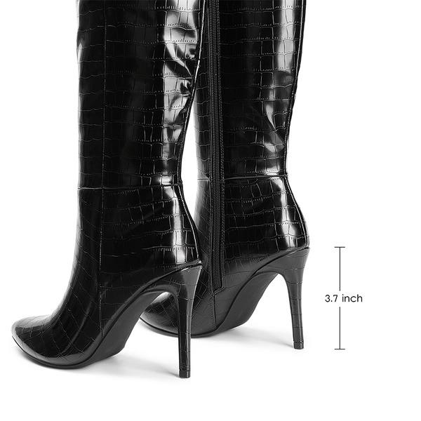 Pointed Toe Stiletto High Heel Knee High Boots - BLACK-STONE - 3