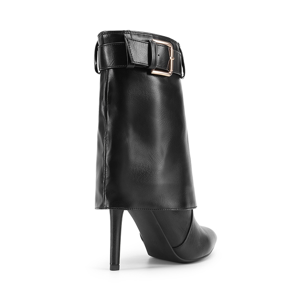 Denim Buckle Strap Stiletto Heel Boots - BLACK - 3