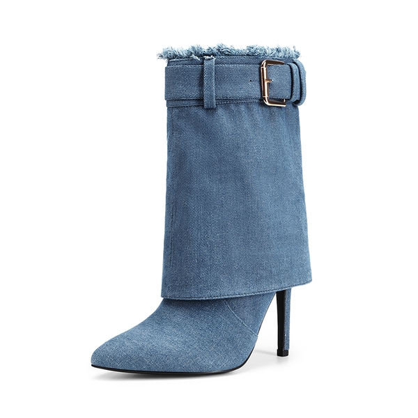 Denim Buckle Strap Stiletto Heel Boots - DENIM BLUE -  0
