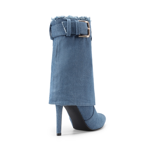Denim Buckle Strap Stiletto Heel Boots - DENIM BLUE - 3