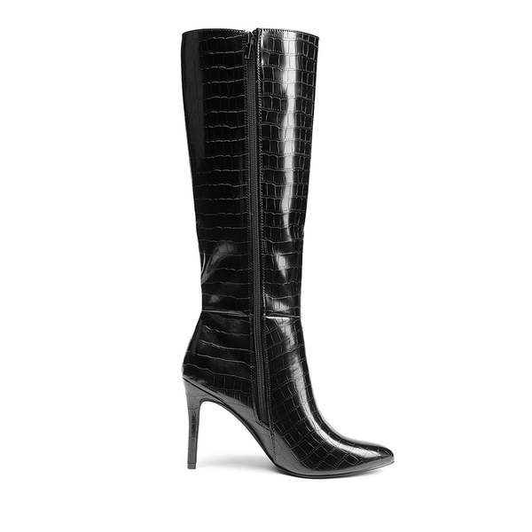 Pointed Toe Stiletto High Heel Knee High Boots - BLACK-STONE - 1