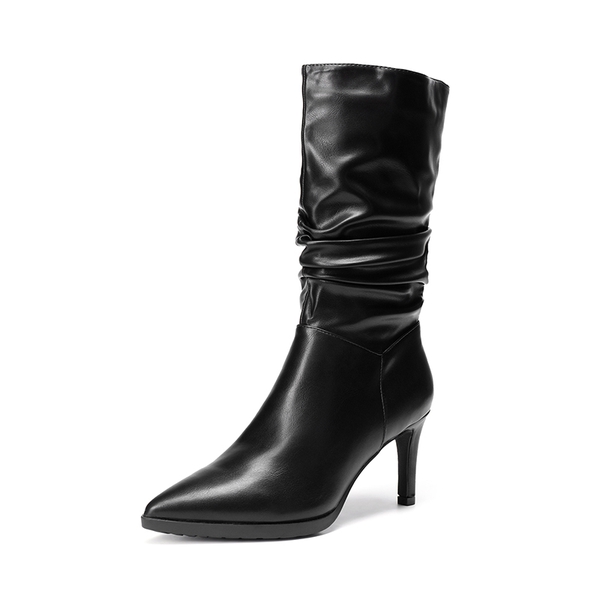 Wrinkle Design Pointed Toe Mid Calf Boots - BLACK -  0