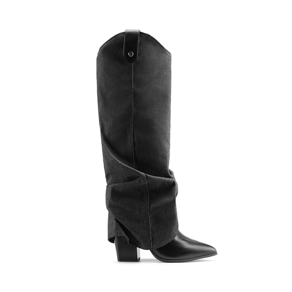 Two-Way Wear Denim Cuff Knee High Boots - DENIM BLACK - 2