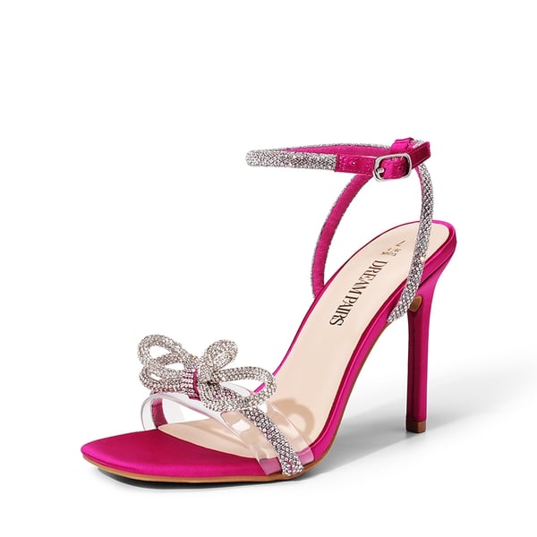 Bowknots Square Toe Rhinestone Heels - HOT PINK-SATIN -  0