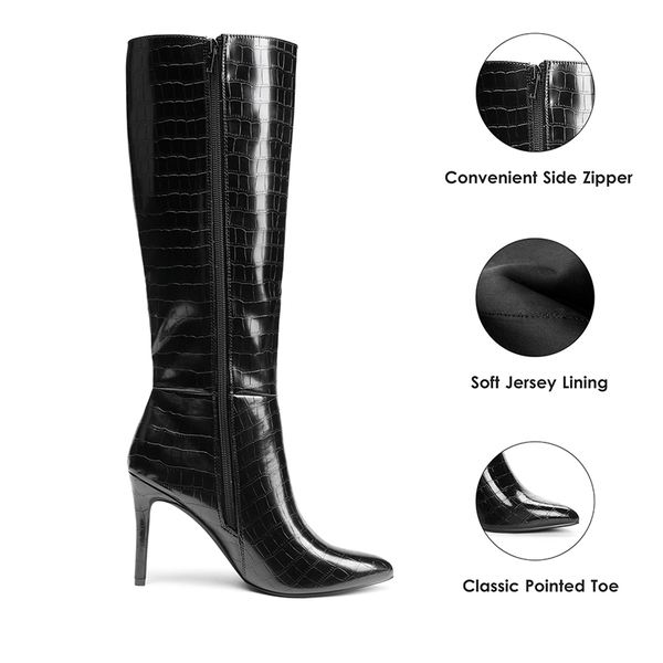 Pointed Toe Stiletto High Heel Knee High Boots - BLACK-STONE - 4