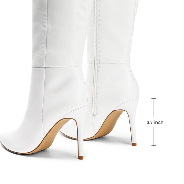 Pointed Toe Stiletto High Heel Knee High Boots - WHITE-PU - 3