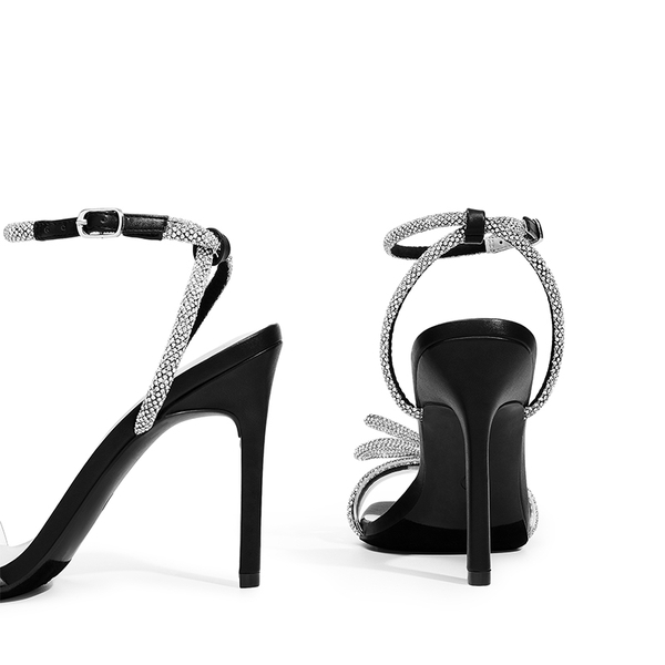 Bowknots Square Toe Rhinestone Heels - BLACK - 4