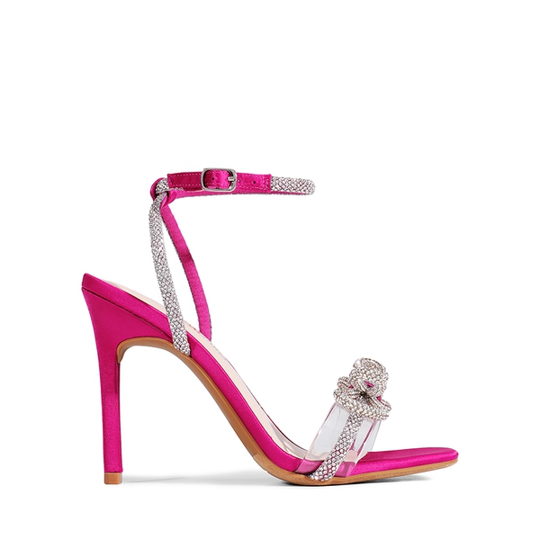 Bowknots Square Toe Rhinestone Heels - HOT PINK-SATIN - 3