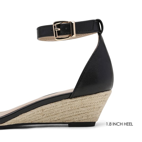 Ankle Strap Low Heel Wedge Sandals - ESPADRILLES BLACK PU - 3