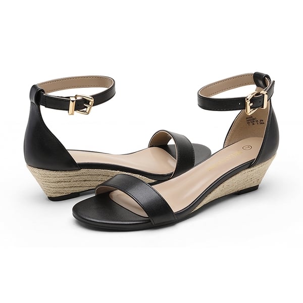 Ankle Strap Low Heel Wedge Sandals - ESPADRILLES BLACK PU - 2