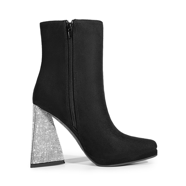 Square Toe Rhinestone Heel Ankle Boots - BLACK - 2