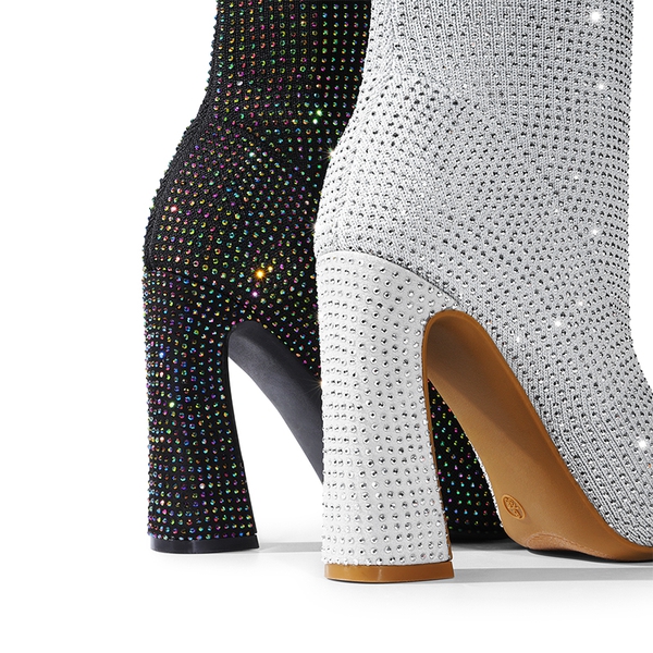 Rhinestone Embellished Knitted Knee-High Boots - BLACK RHINESTONE - 5