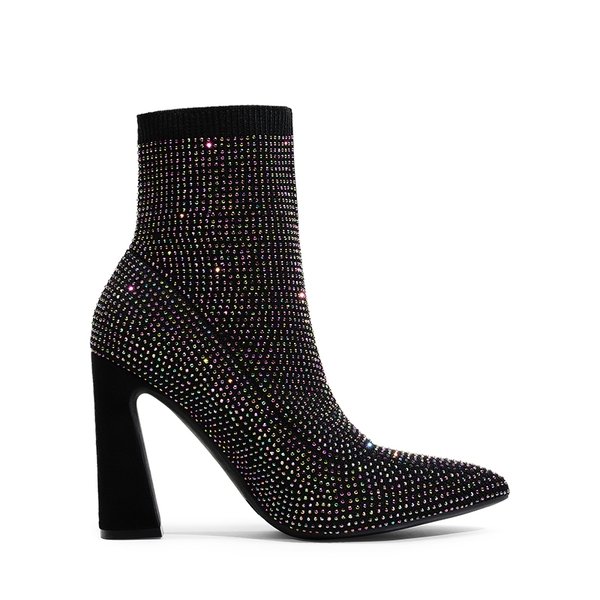 Rhinestone Pull On Ankle Boots - BLACK RHINESTONE - 1