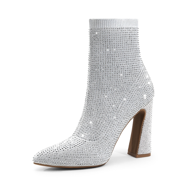 Rhinestone Pull On Ankle Boots - SILVER RHINESTONE -  0