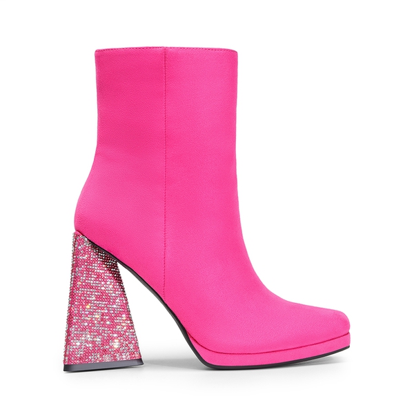 Square Toe Rhinestone Heel Ankle Boots - HOT PINK - 2