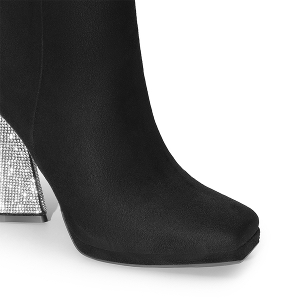 Square Toe Rhinestone Heel Ankle Boots - BLACK - 4