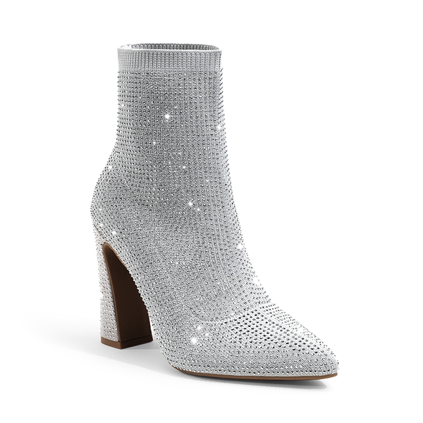 Rhinestone Pull On Ankle Boots - SILVER RHINESTONE - 4