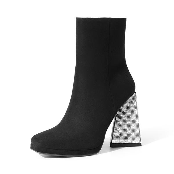 Square Toe Rhinestone Heel Ankle Boots - BLACK -  0