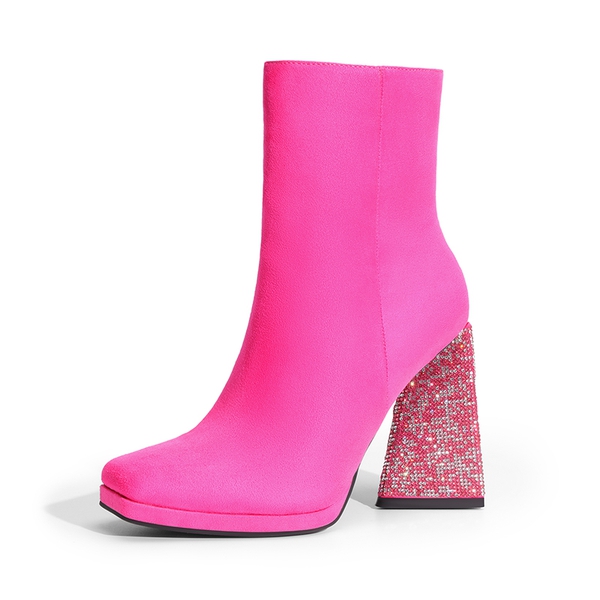 Square Toe Rhinestone Heel Ankle Boots - HOT PINK -  0