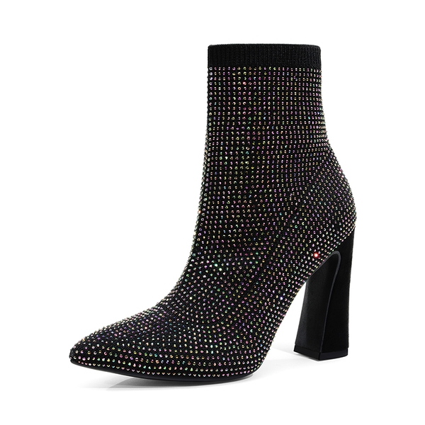 Rhinestone Pull On Ankle Boots - BLACK RHINESTONE -  0