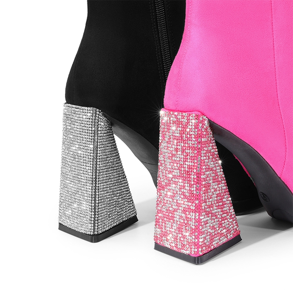 Square Toe Rhinestone Heel Ankle Boots - BLACK - 1