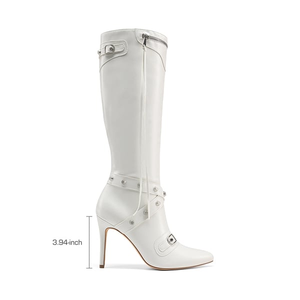 Studded Cross-over Strap Stiletto Heel Boots - WHITE - 3