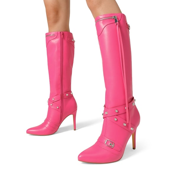 Studded Cross-over Strap Stiletto Heel Boots - HOT PINK - 1