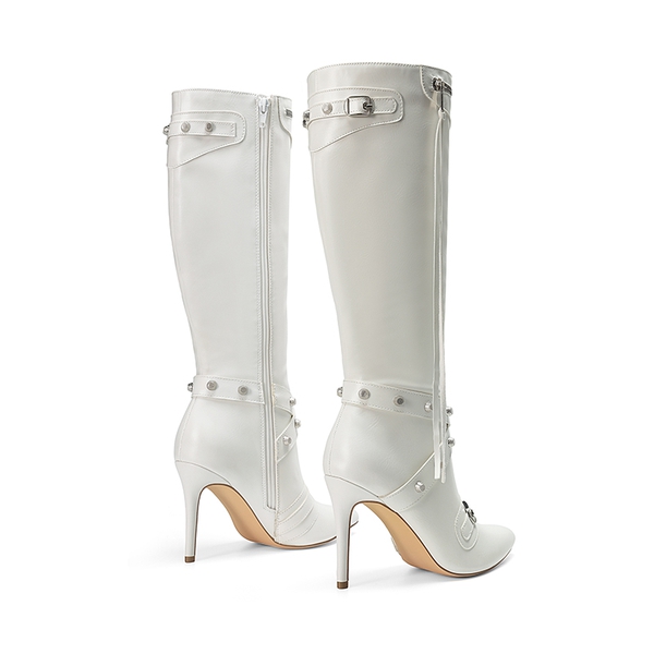 Studded Cross-over Strap Stiletto Heel Boots - WHITE - 6