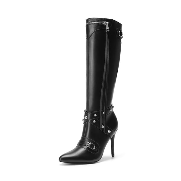 Studded Cross-over Strap Stiletto Heel Boots - BLACK -  0