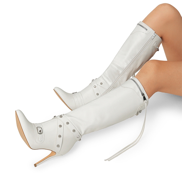 Studded Cross-over Strap Stiletto Heel Boots - WHITE - 2