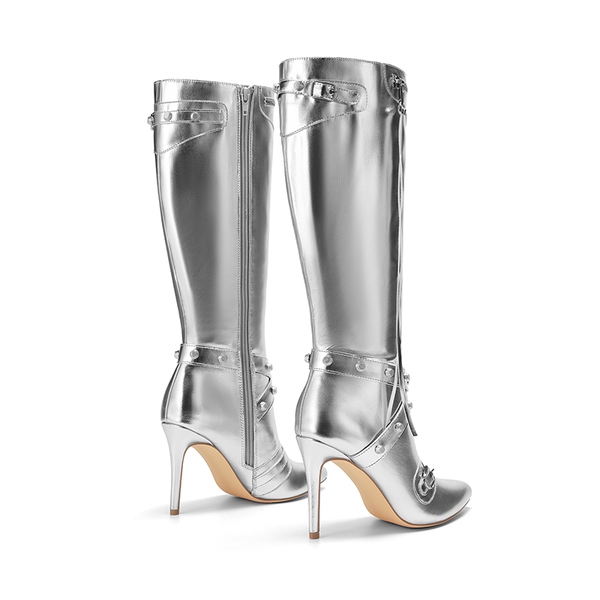 Studded Cross-over Strap Stiletto Heel Boots - SILVER - 6