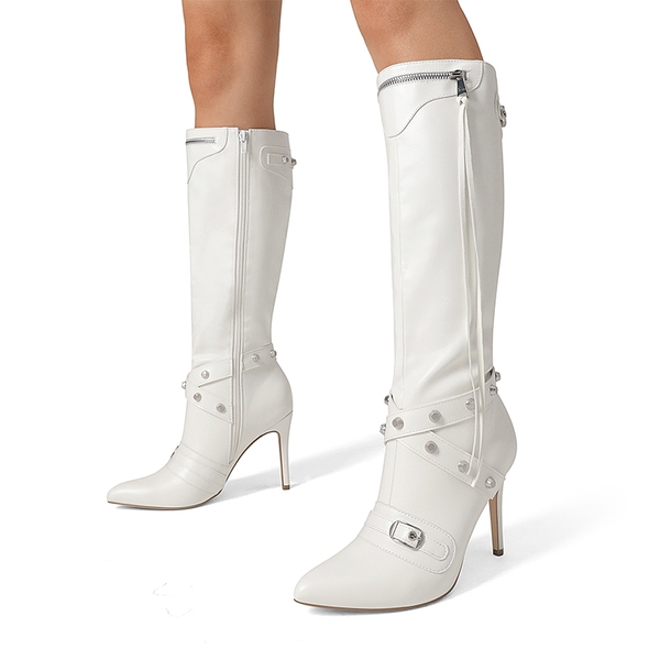 Studded Cross-over Strap Stiletto Heel Boots - WHITE - 1