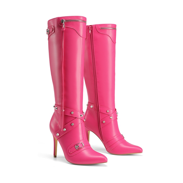 Studded Cross-over Strap Stiletto Heel Boots - HOT PINK - 5