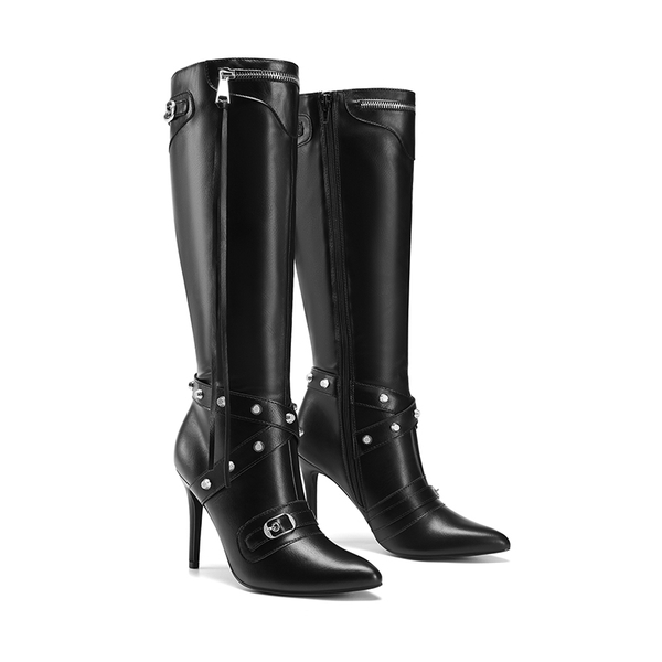 Studded Cross-over Strap Stiletto Heel Boots - BLACK - 5