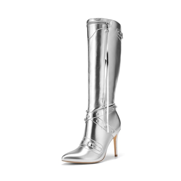 Studded Cross-over Strap Stiletto Heel Boots - SILVER -  0