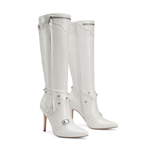 Studded Cross-over Strap Stiletto Heel Boots - WHITE - 5